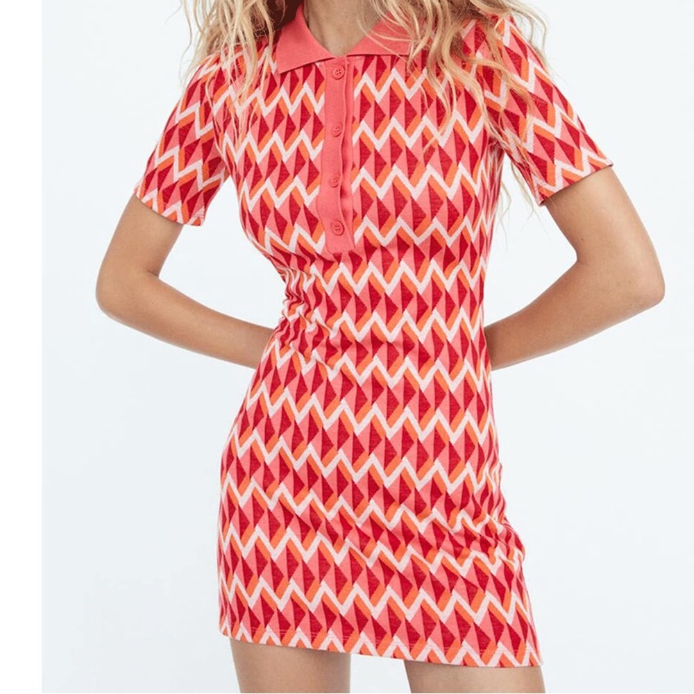 Zara Geometric Short Sleeve Sweater Dress Women's Size Small Pink Orange White